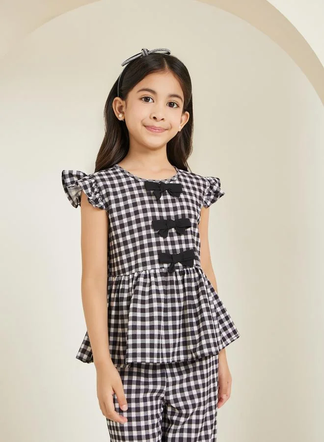 Styli Girls Black Gingham Bow Top and Trousers Set